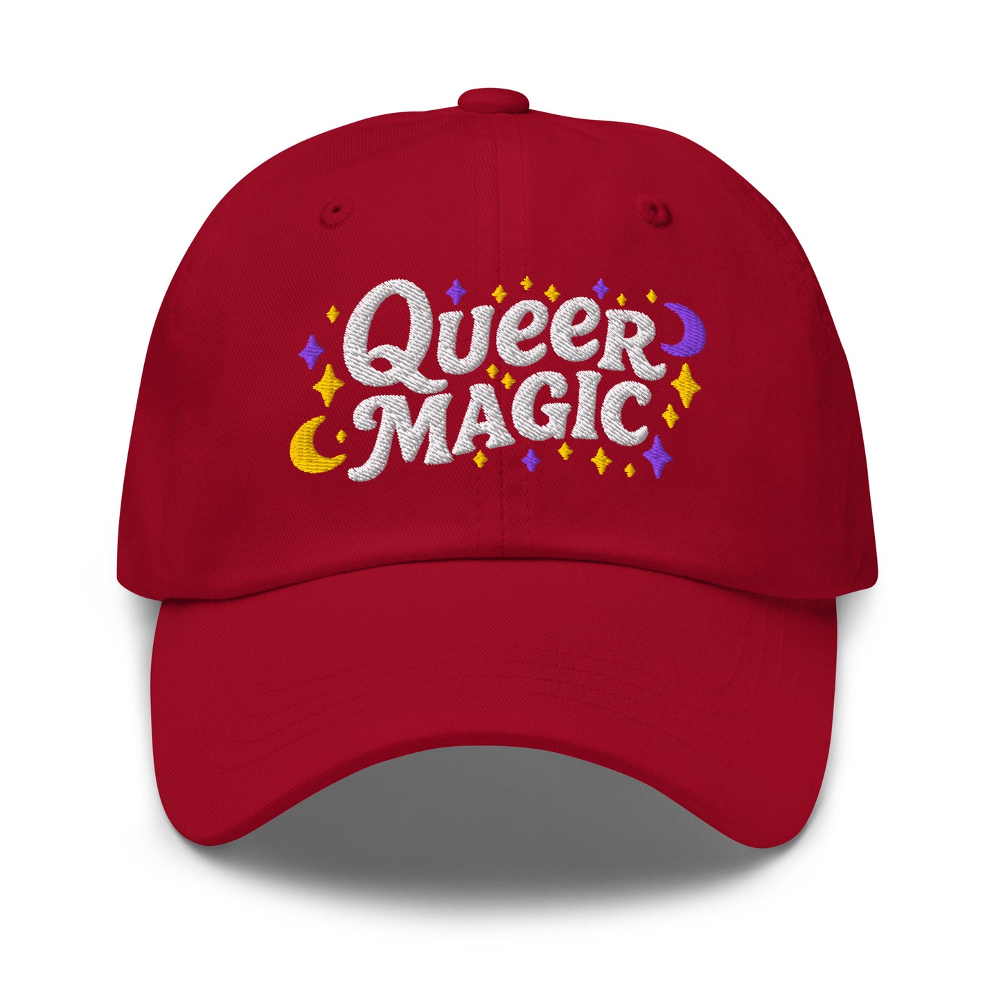 Front View Image: Front view of Queer Magic LGBTQ+ Pride Dad Hat with moon and stars graphic