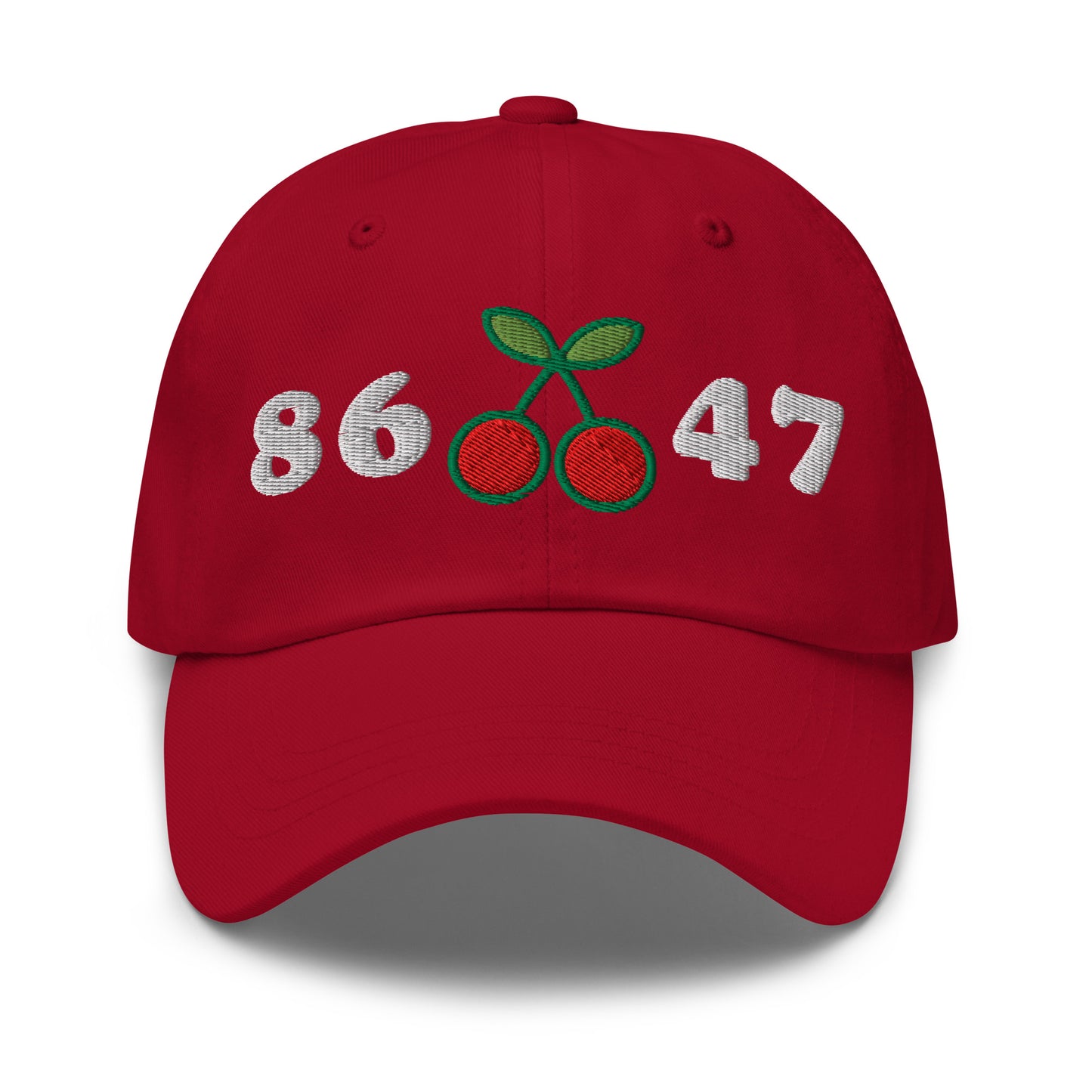 Front View Image: 8647 Cherries Anti-Trump Dad Hat – Front Embroidered Design