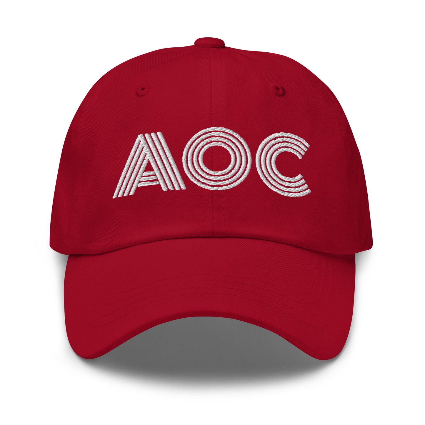 Front View Image: Black dad hat with white embroidered retro “AOC” design