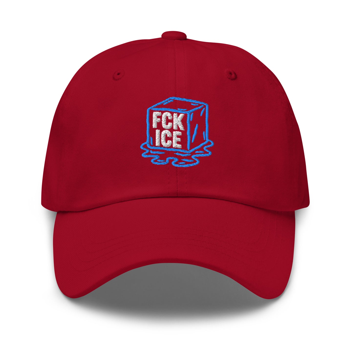 Front View Image: Embroidered dad hat featuring F*CK ICE melting cube graphic