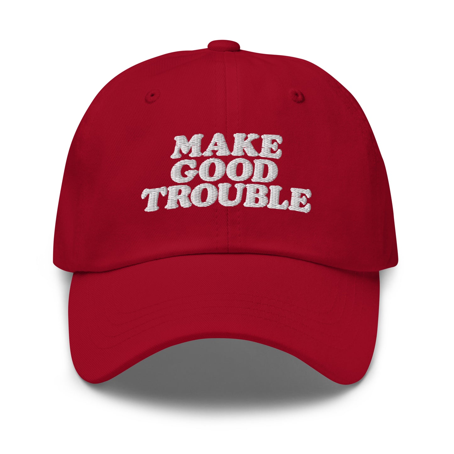 Front view of the John Lewis "Make Good Trouble" Quote Social Justice Dad Hat