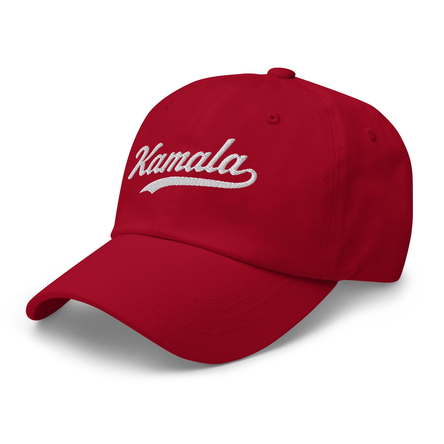 Side front view of the Kamala dad hat features Kamala Harris's iconic name in classic embroidered script