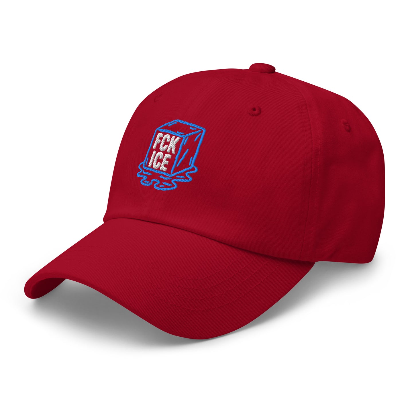 Side Front View Image: Embroidered dad hat featuring F*CK ICE melting cube graphic
