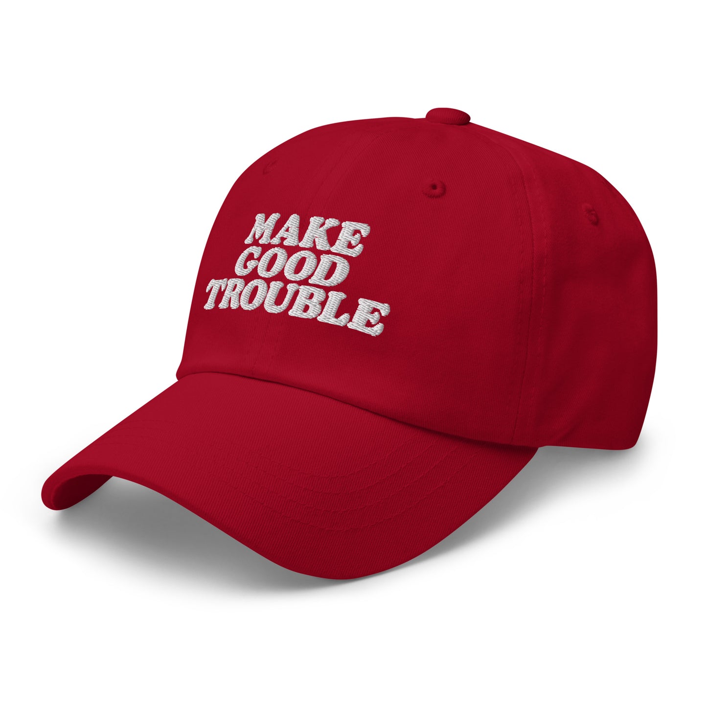 Side Front view of the John Lewis "Make Good Trouble" Quote Social Justice Dad Hat