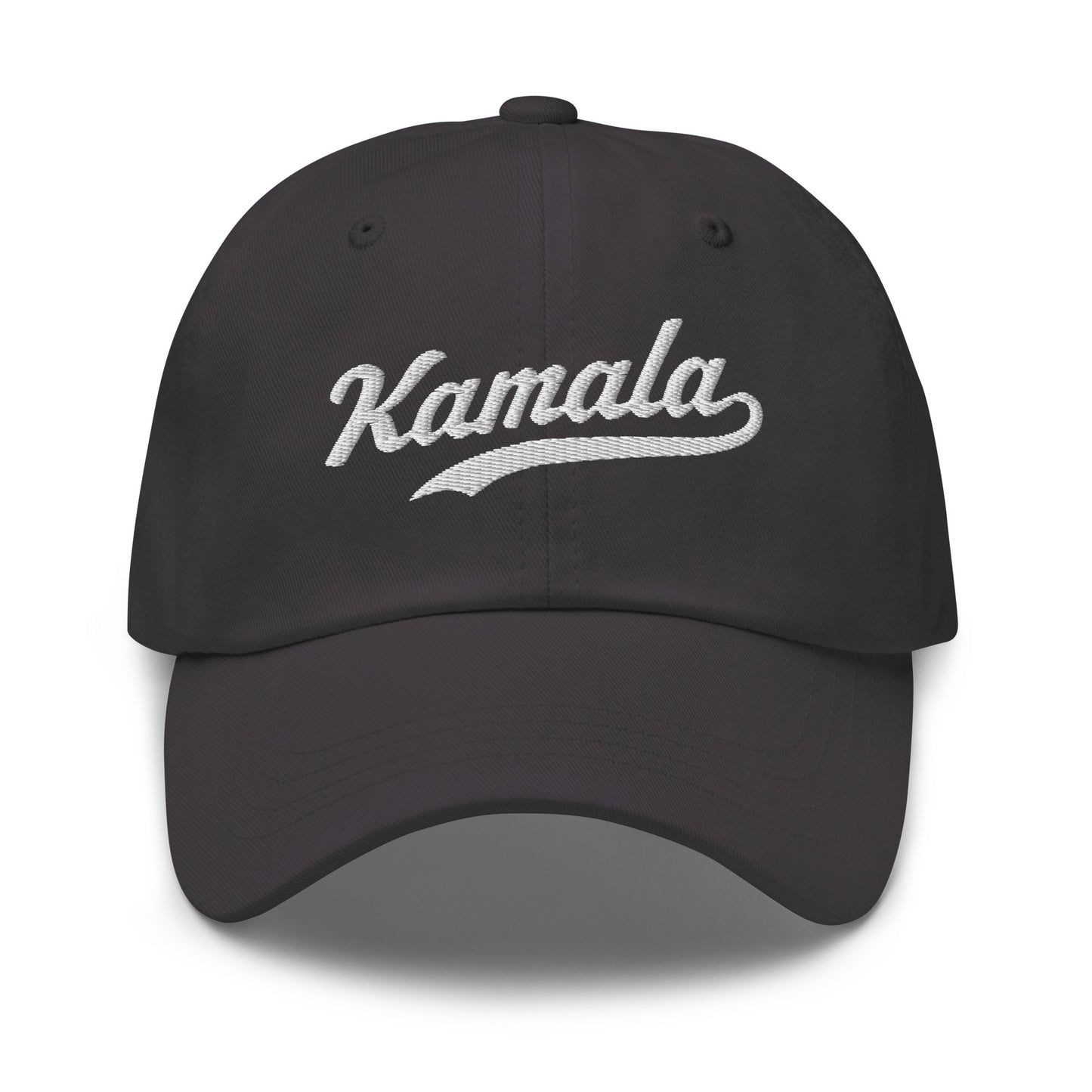 Front view of the Kamala dad hat features Kamala Harris's iconic name in classic embroidered script