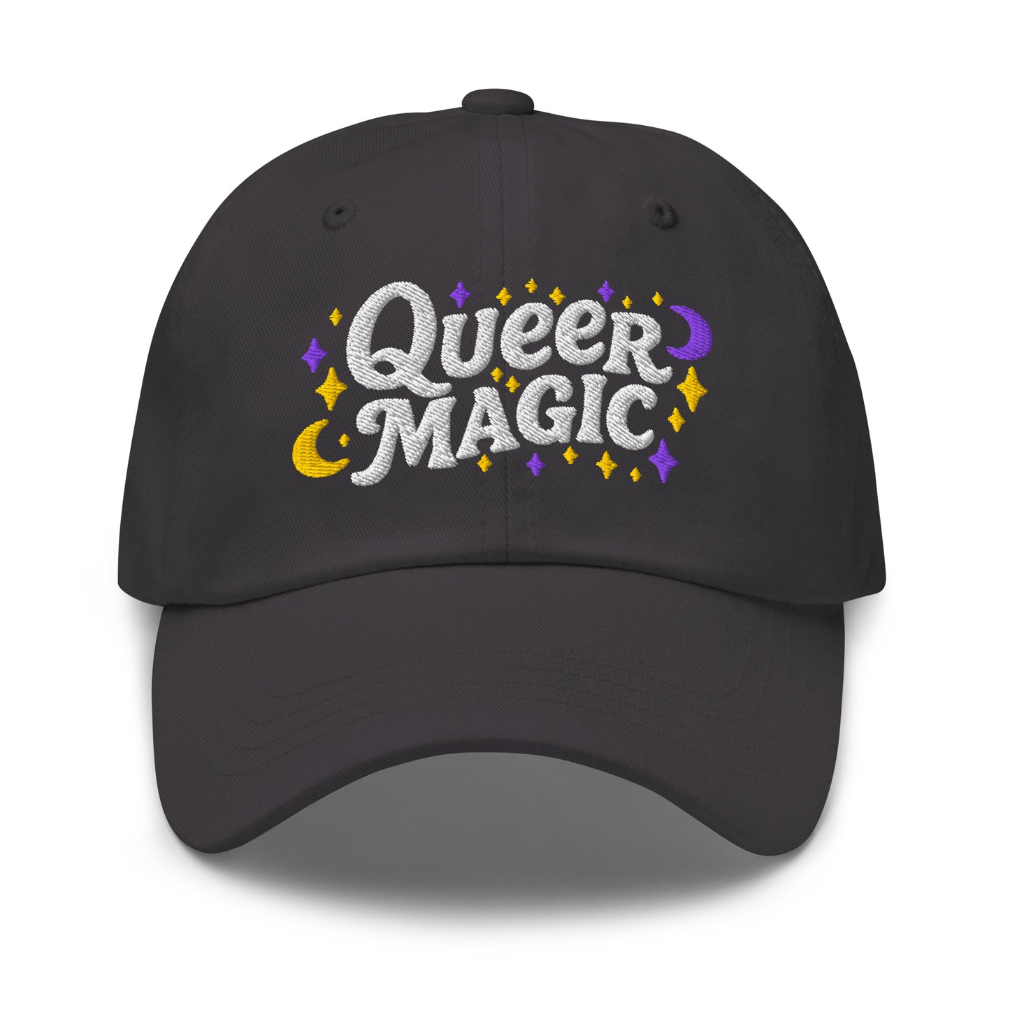 Front View Image: Front view of Queer Magic LGBTQ+ Pride Dad Hat with moon and stars graphic