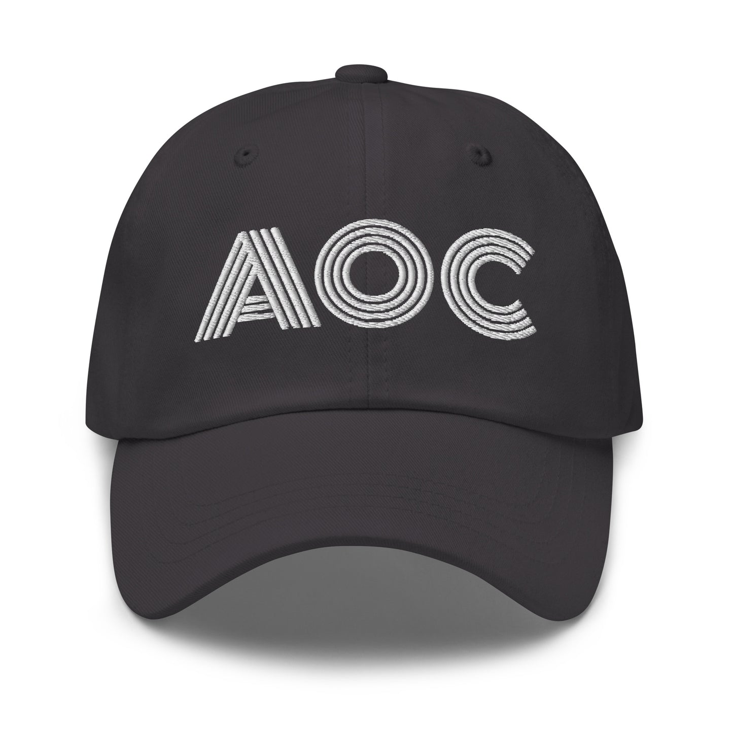 Front View Image: Black dad hat with white embroidered retro “AOC” design