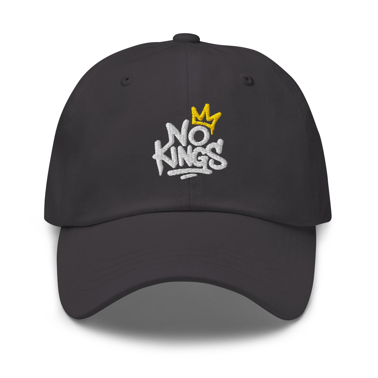 Front View Image: Black dad hat with graffiti-style "No Kings" and yellow crown