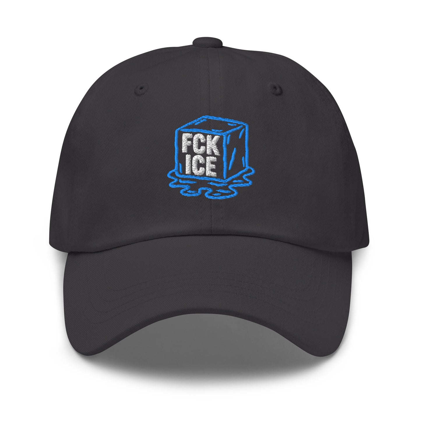 Front View Image: Embroidered dad hat featuring F*CK ICE melting cube graphic