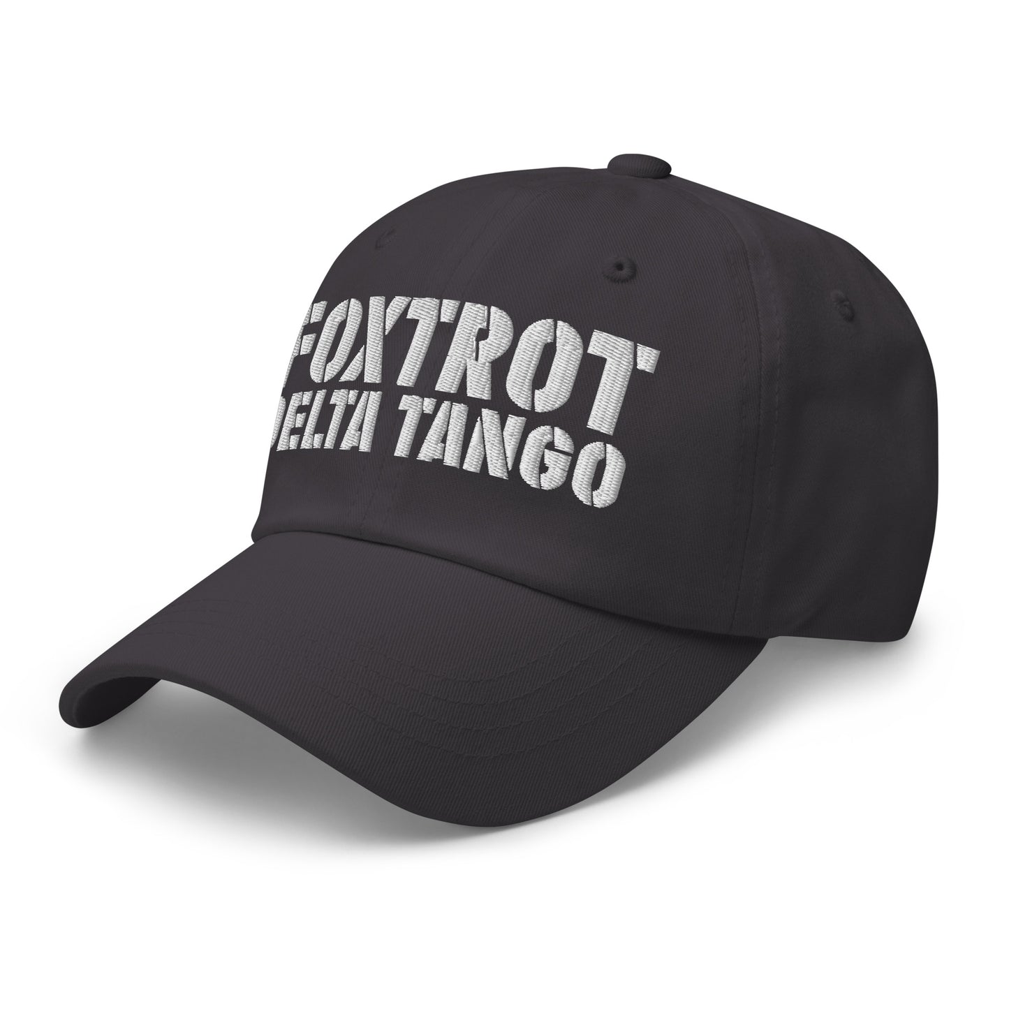 Front view of the Foxtrot Delta Tango FDT Anti-Trump Dad Hat with white embroidered lettering.