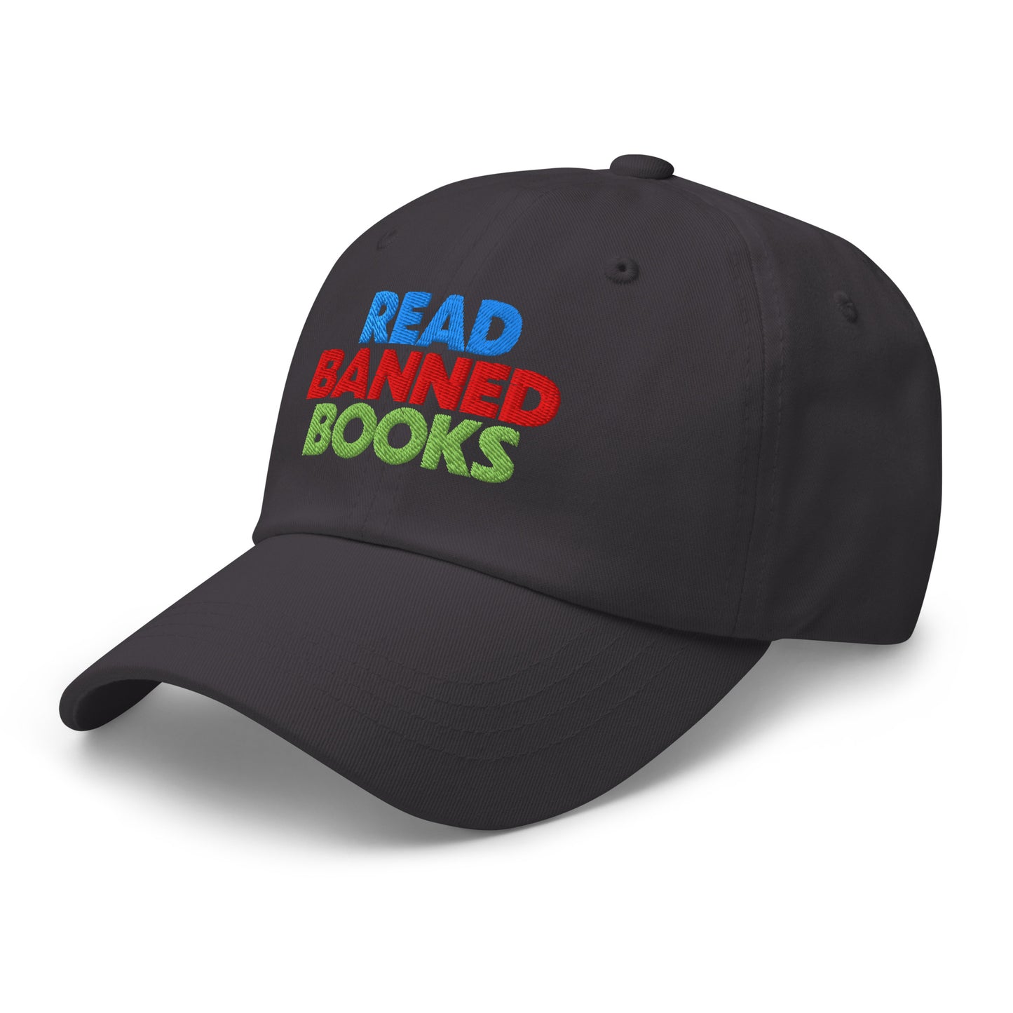 Angled view of the dark gray Read Banned Books hat — durable, soft, and unafraid to make a statement.