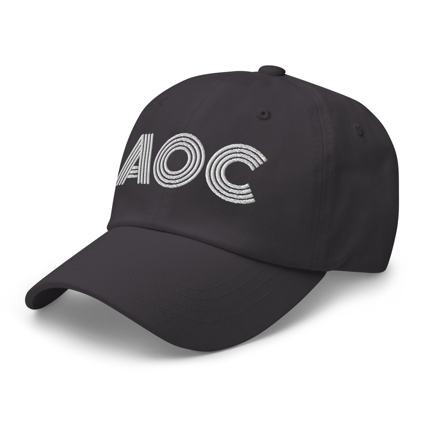 Side Front View Image: Black dad hat with white embroidered retro “AOC” design