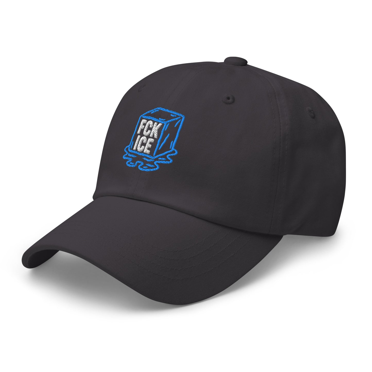 Side Front View Image: Embroidered dad hat featuring F*CK ICE melting cube graphic