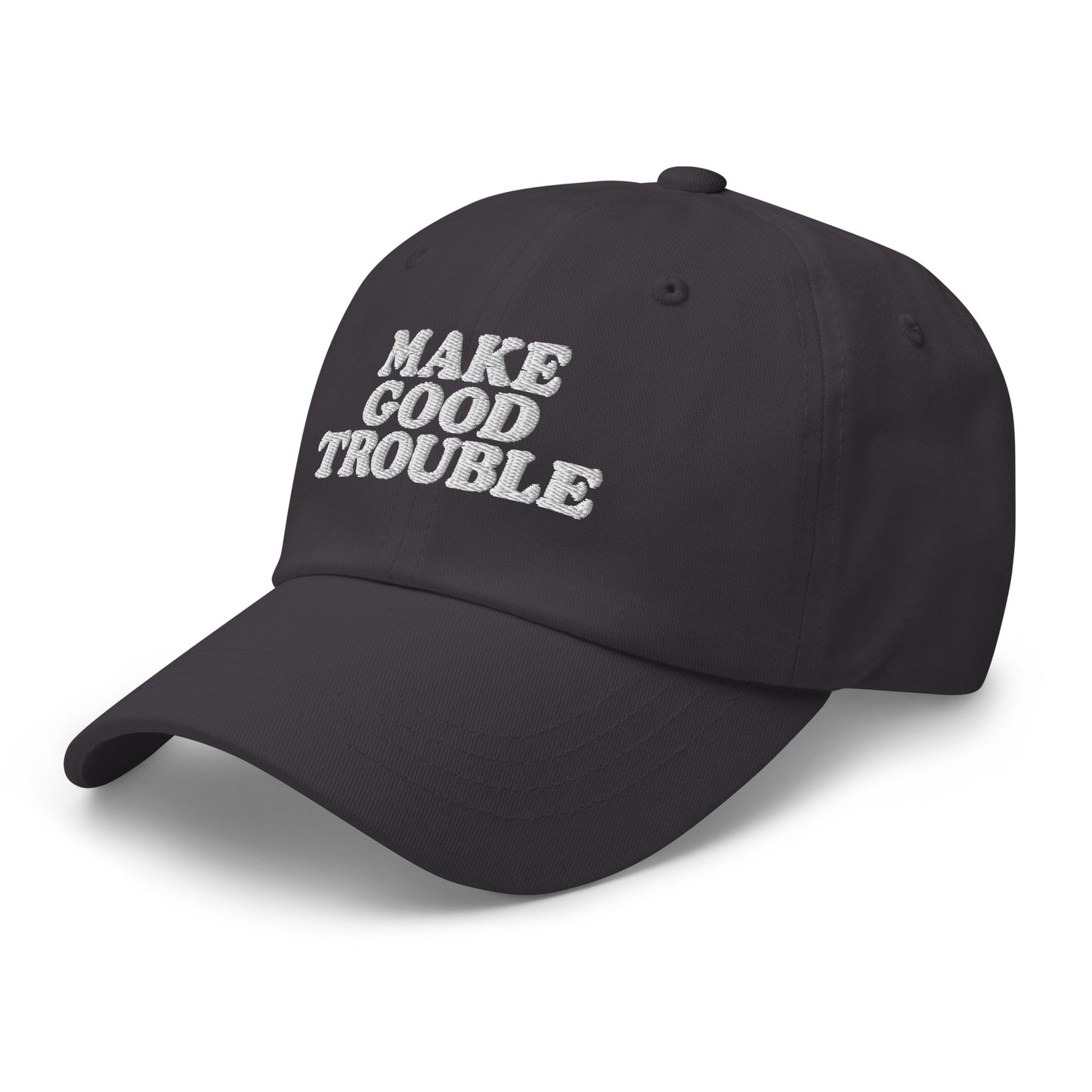 Side Front view of the John Lewis "Make Good Trouble" Quote Social Justice Dad Hat