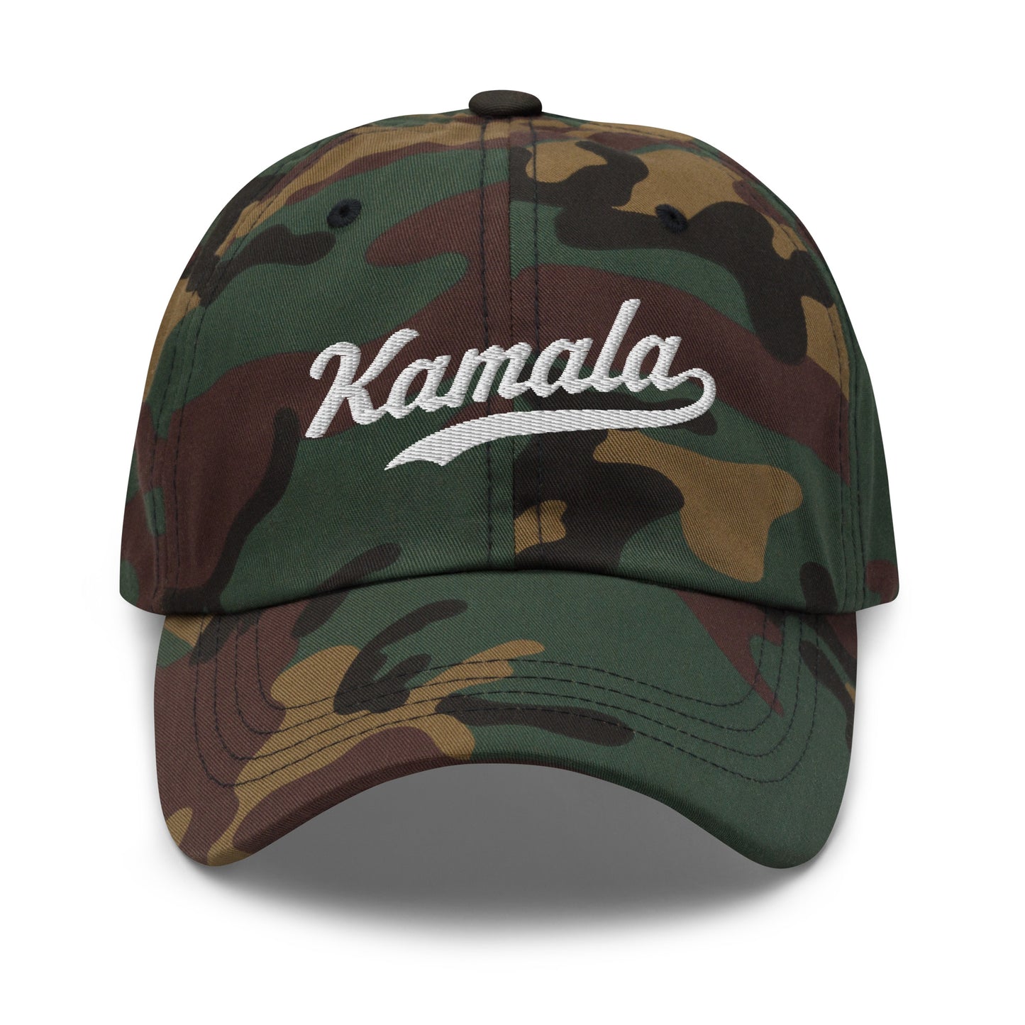 Front view of the Kamala dad hat features Kamala Harris's iconic name in classic embroidered script