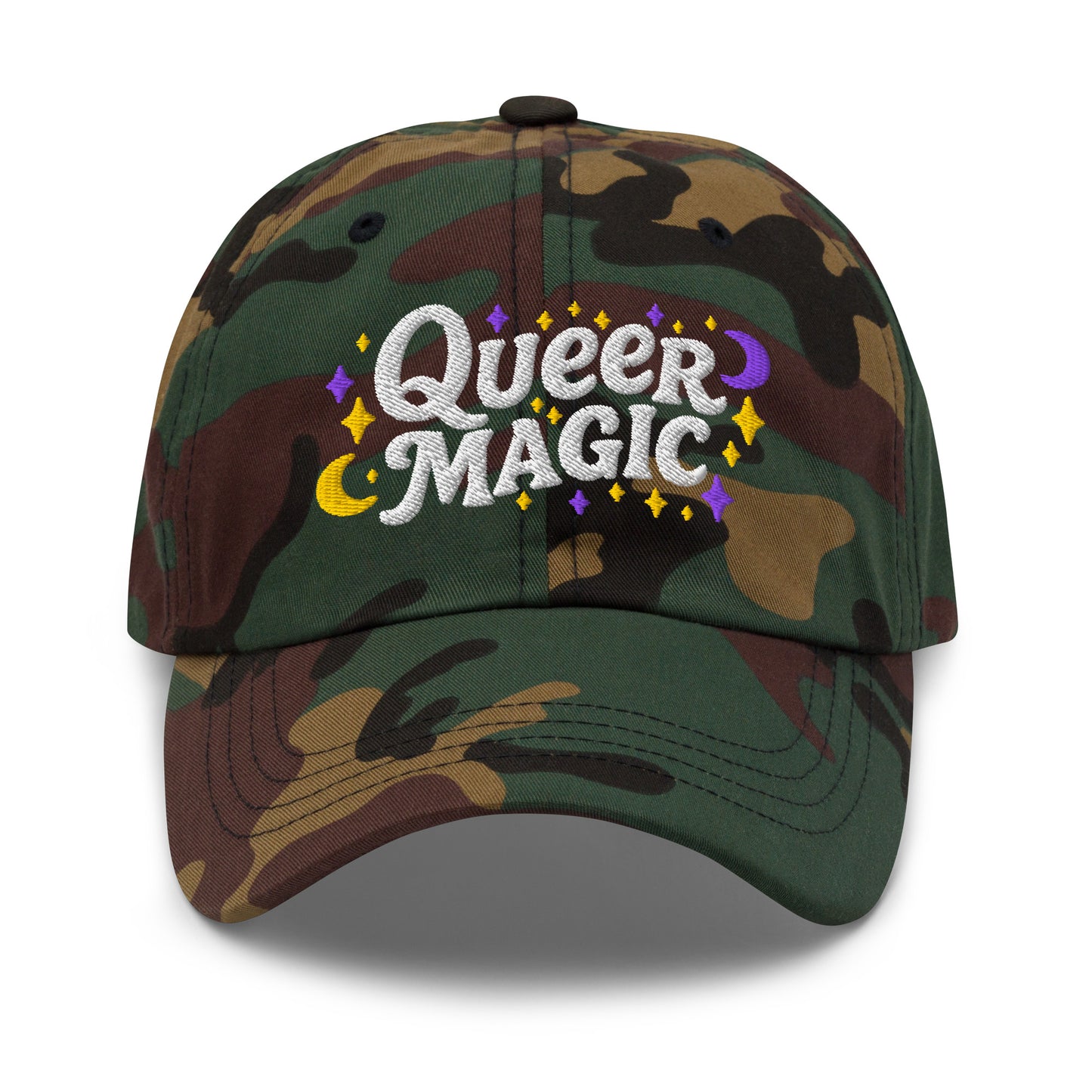 Front View Image: Front view of Queer Magic LGBTQ+ Pride Dad Hat with moon and stars graphic