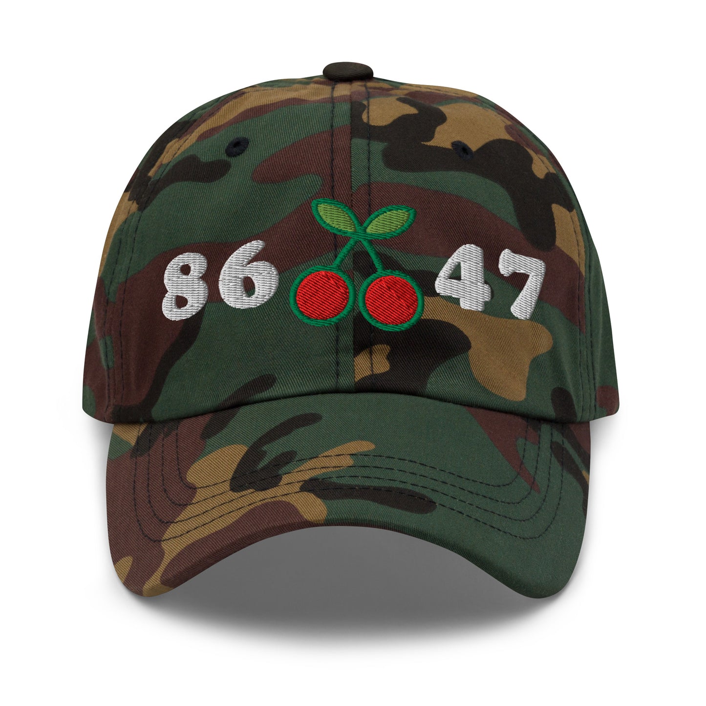Front View Image: 8647 Cherries Anti-Trump Dad Hat – Front Embroidered Design