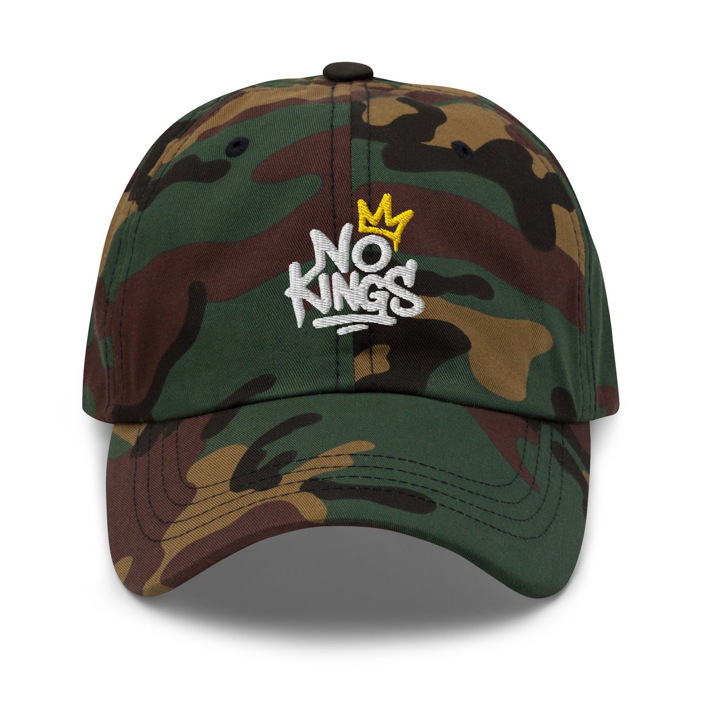 Front View Image: Black dad hat with graffiti-style "No Kings" and yellow crown