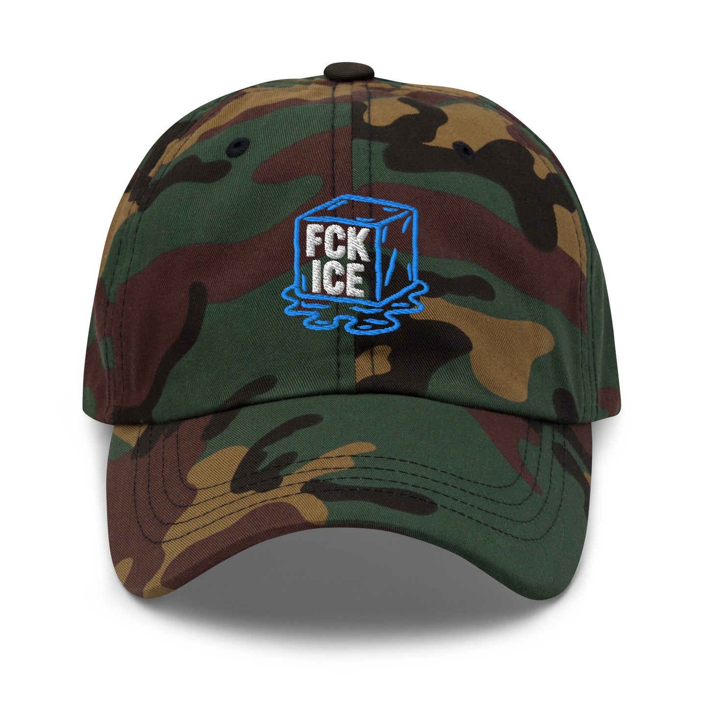 Front View Image: Embroidered dad hat featuring F*CK ICE melting cube graphic