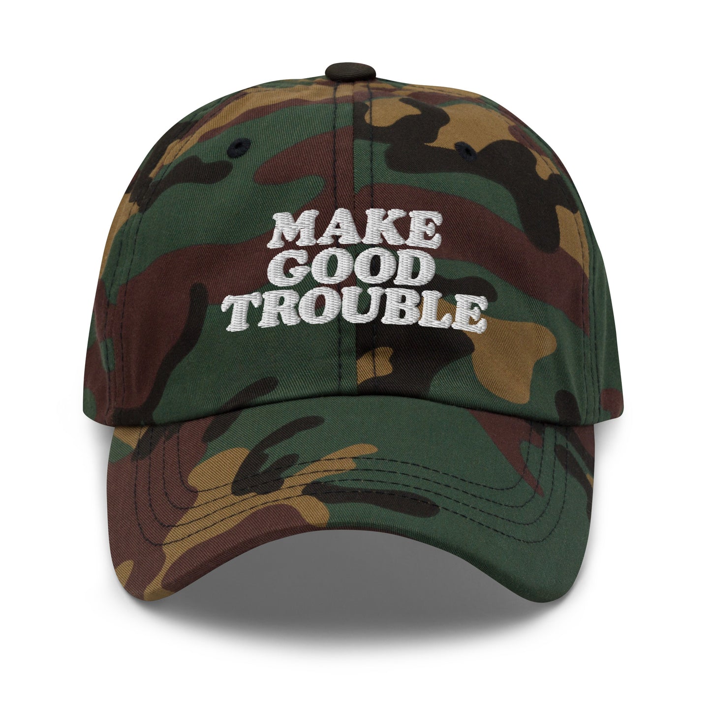 Front view of the John Lewis "Make Good Trouble" Quote Social Justice Dad Hat
