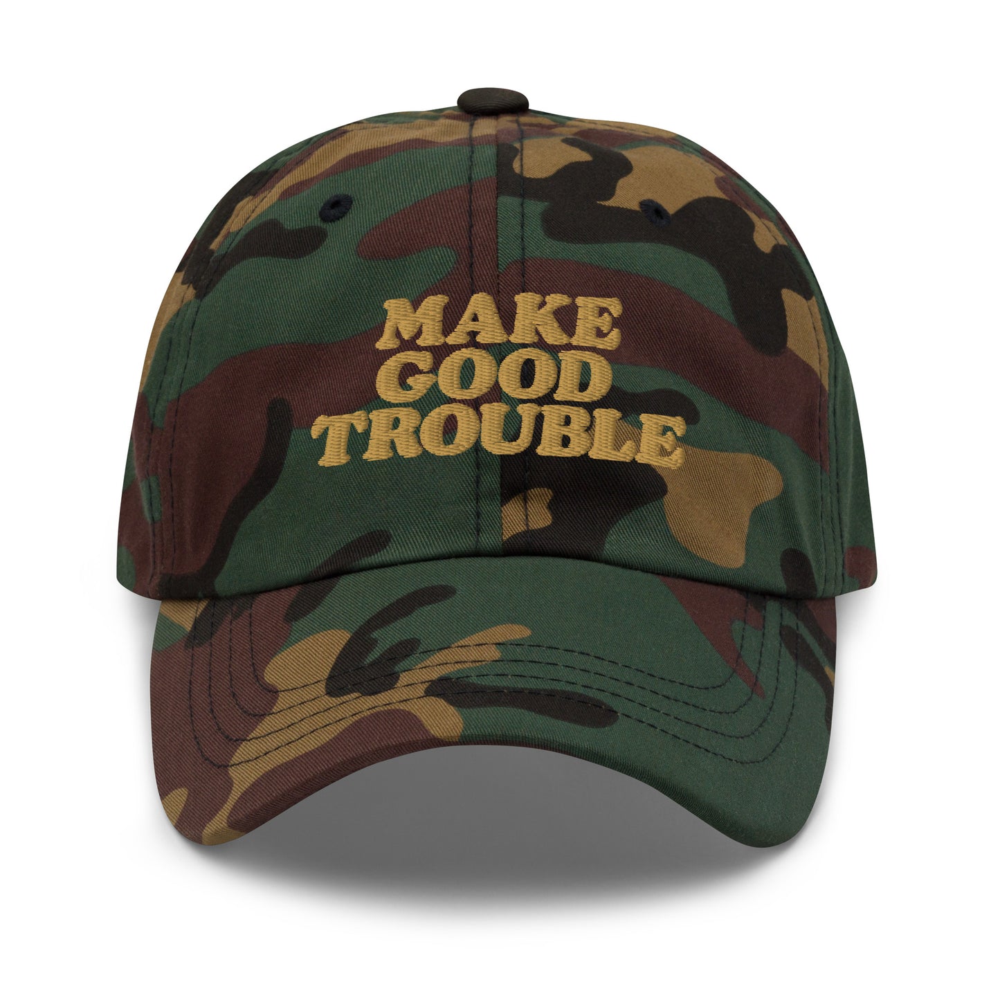 Front View Image: Front view of dad hat with bold “Make Good Trouble” gold embroidery