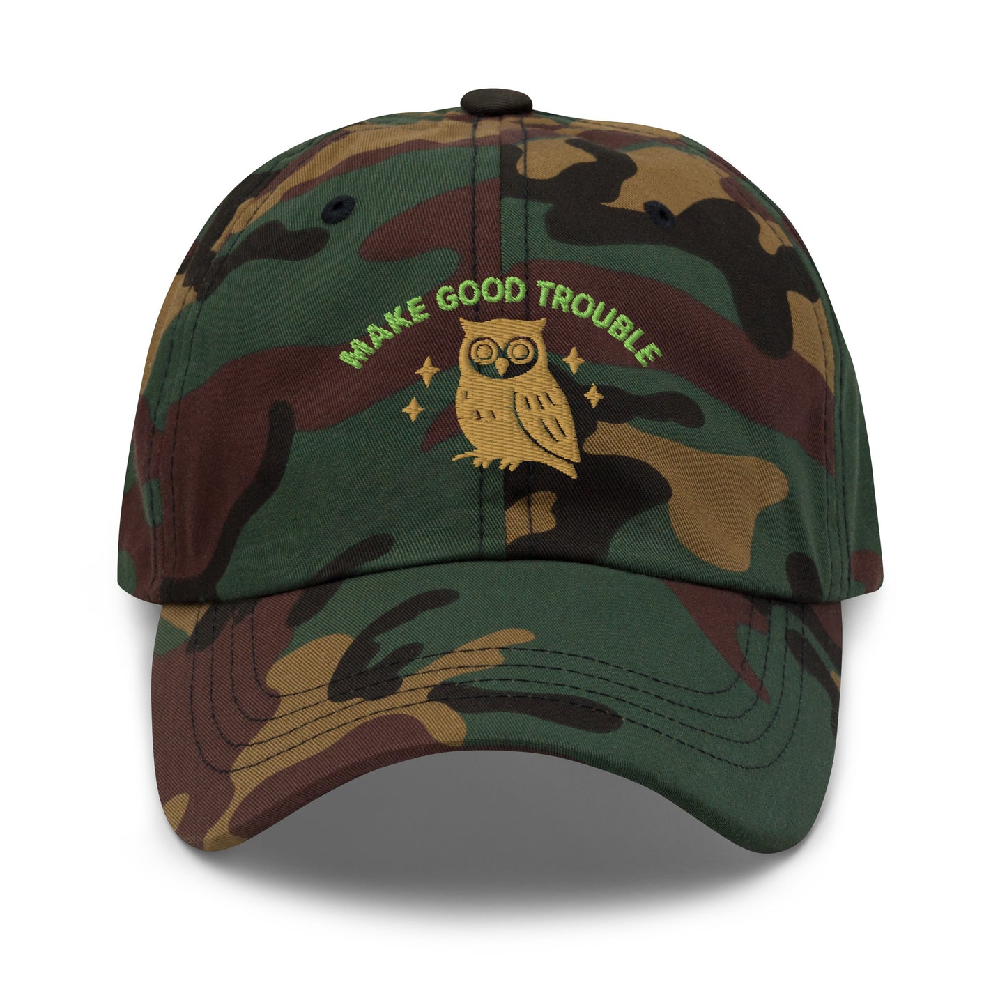 Front View Image: Front view of embroidered dad hat with “Make Good Trouble” text and golden owl