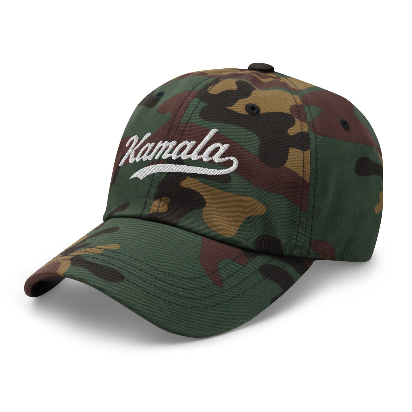 Side front view of the Kamala dad hat features Kamala Harris's iconic name in classic embroidered script