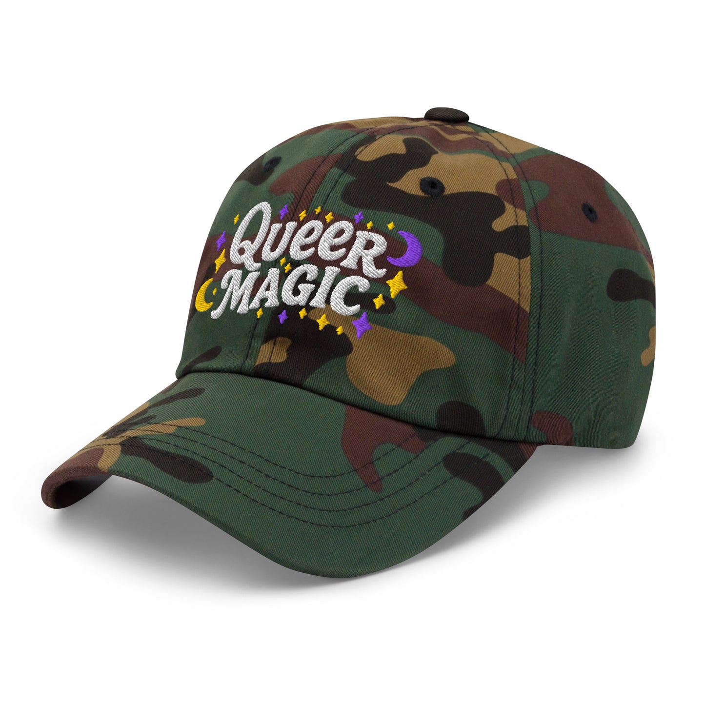 Front Side View Image: Front view of Queer Magic LGBTQ+ Pride Dad Hat with moon and stars graphic