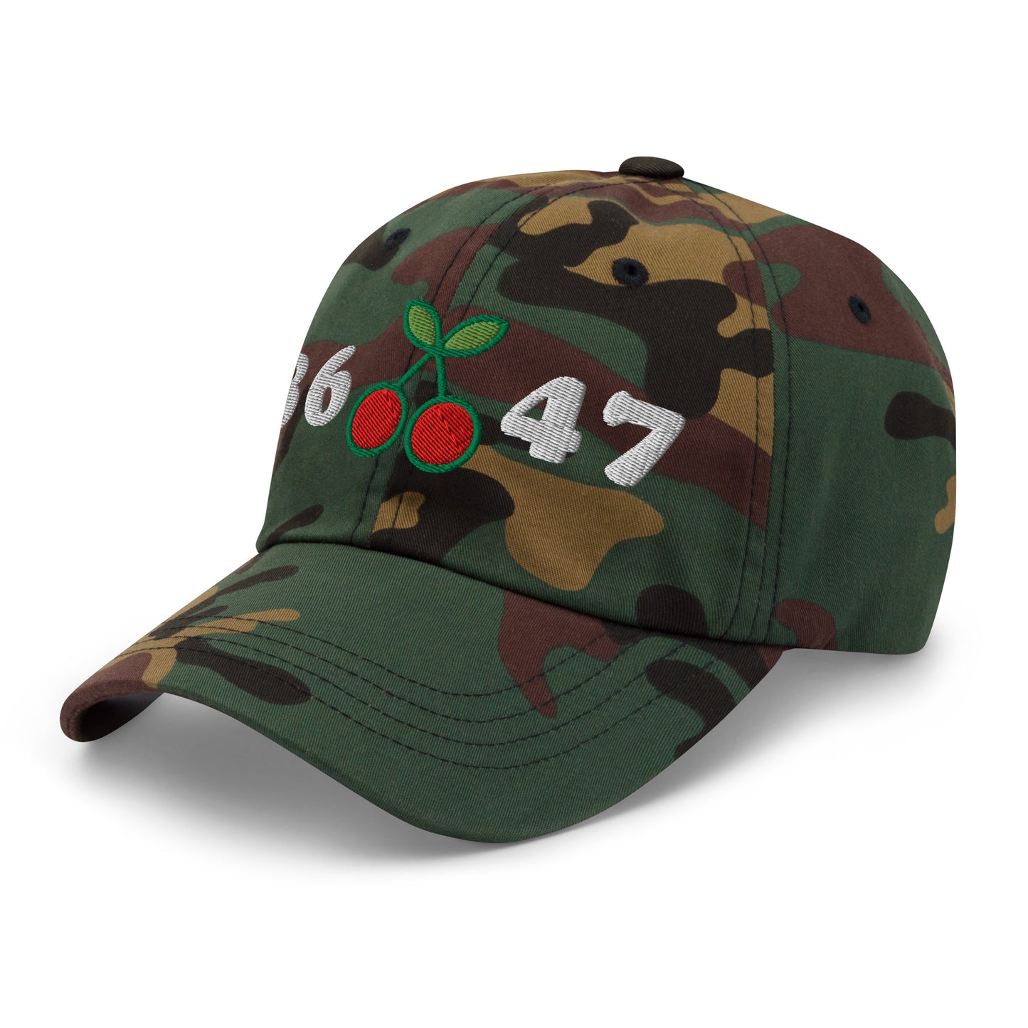 Front Side View Image: 8647 Cherries Anti-Trump Dad Hat – Front Embroidered Design