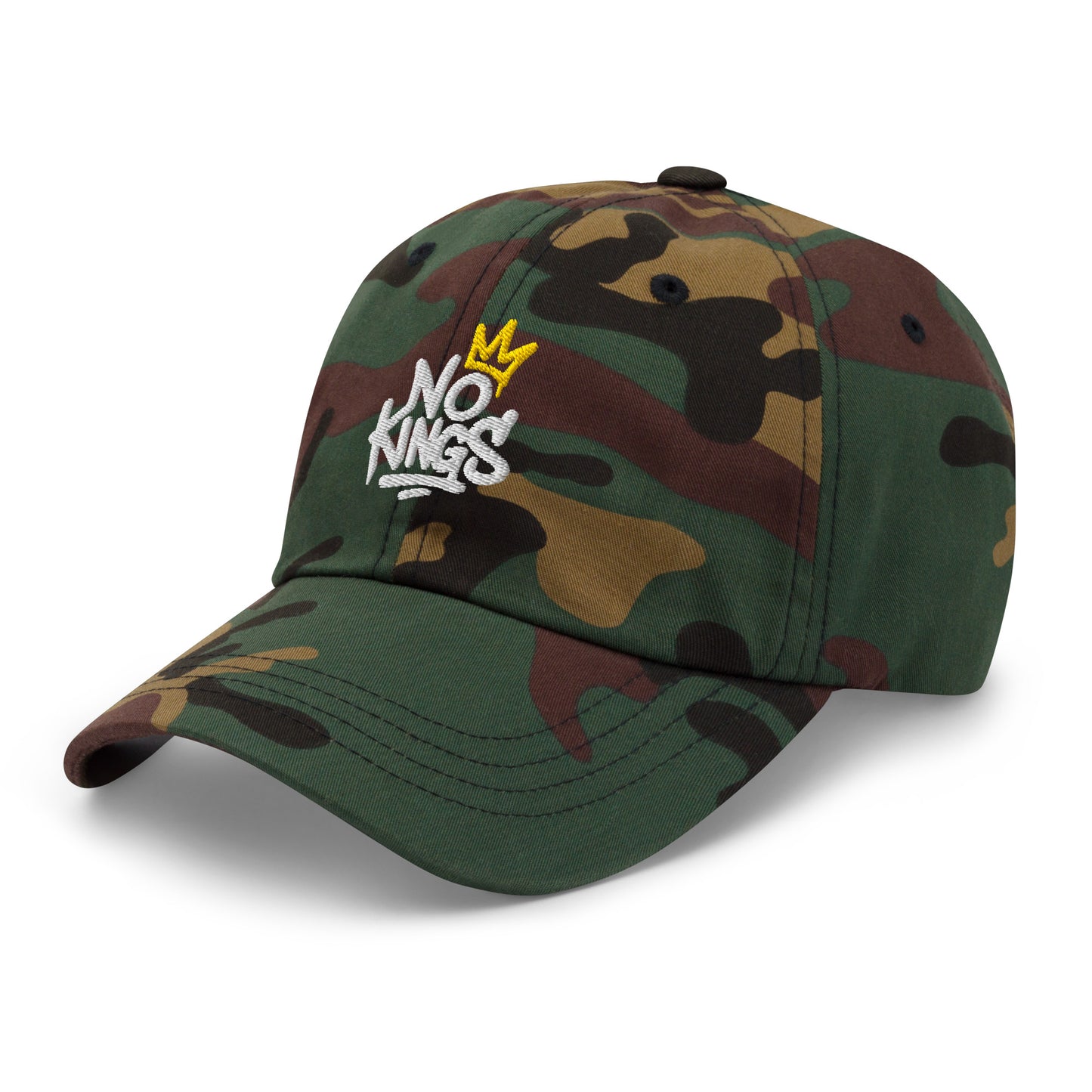 Side Front View Image: Black dad hat with graffiti-style "No Kings" and yellow crown