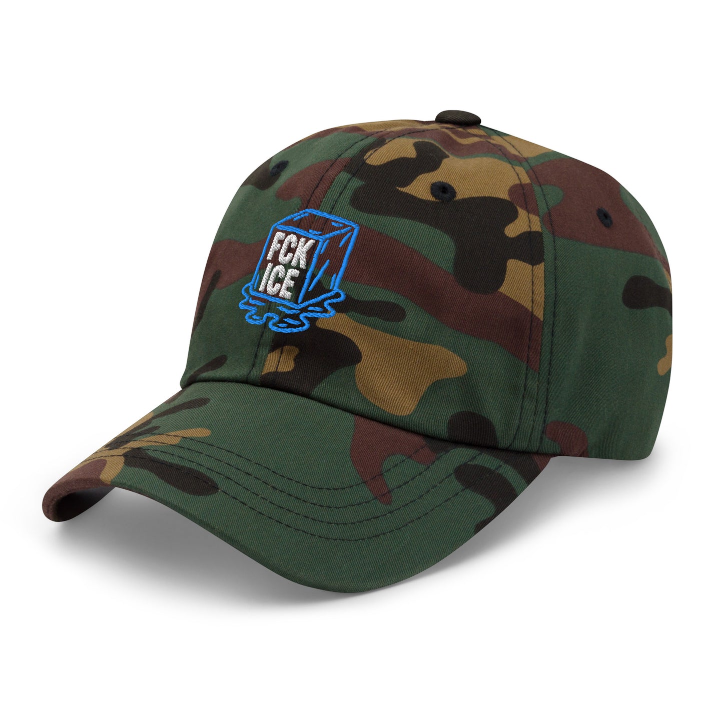 Side Front View Image: Embroidered dad hat featuring F*CK ICE melting cube graphic