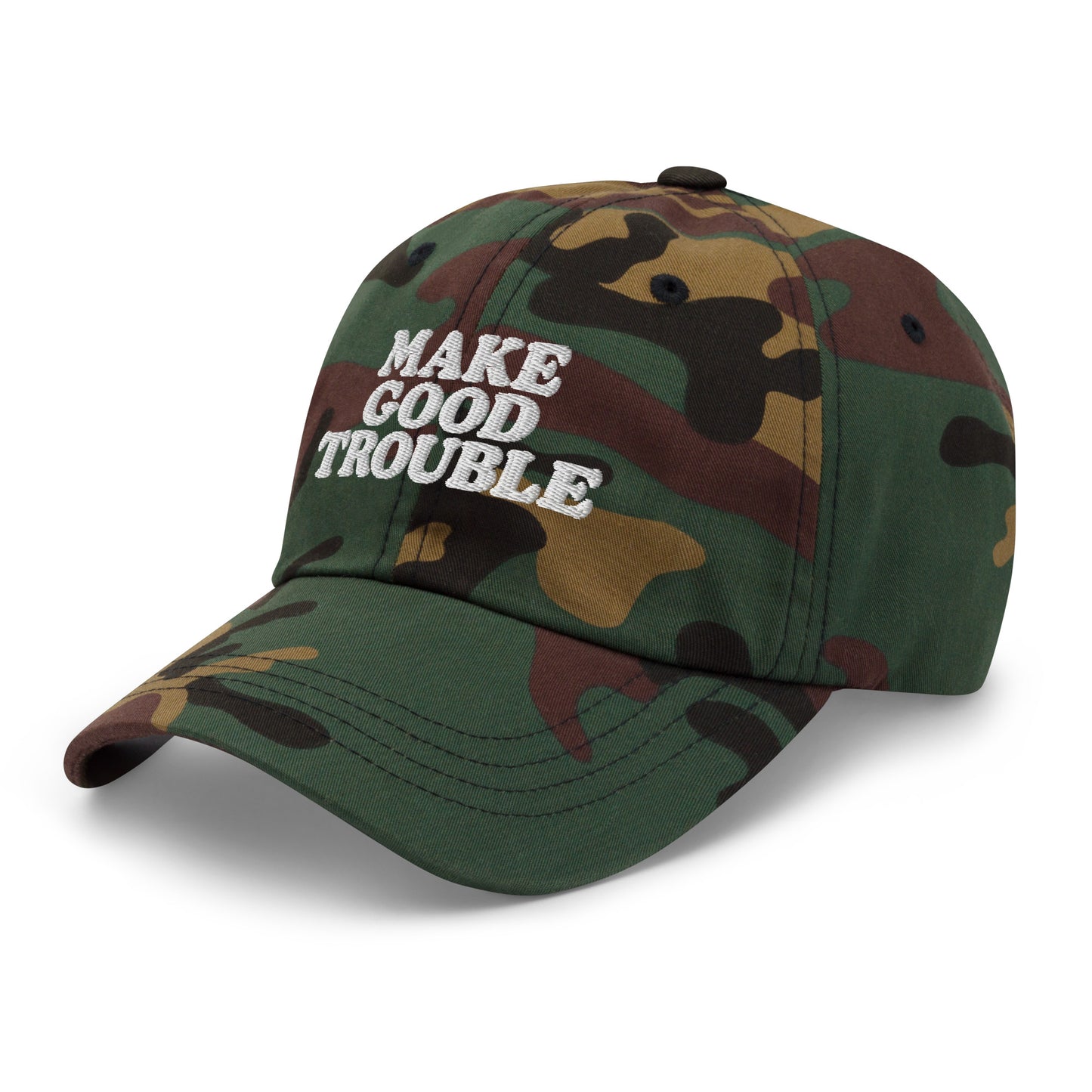 Side Front view of the John Lewis "Make Good Trouble" Quote Social Justice Dad Hat