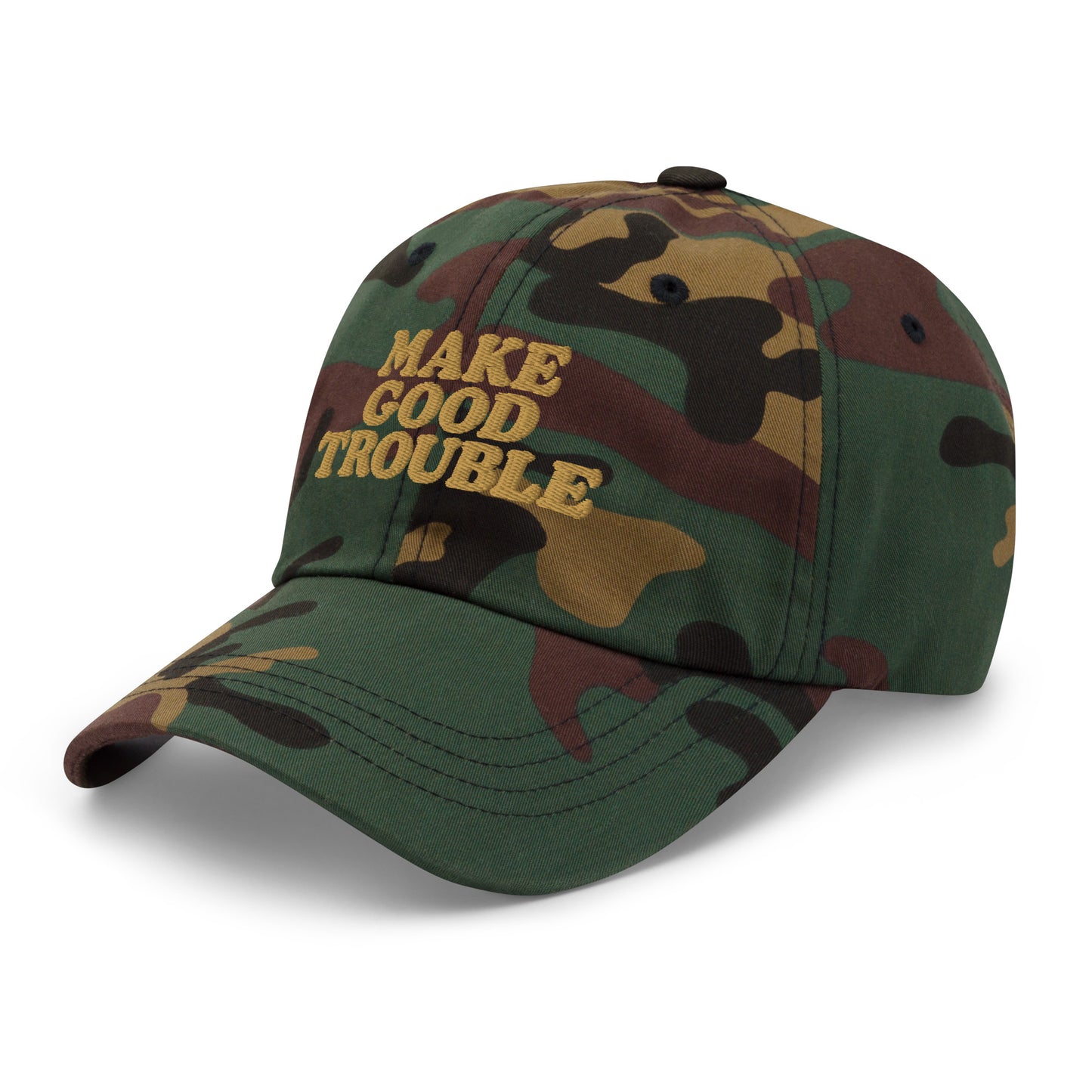 Side Front View Image: Side Front view of dad hat with bold “Make Good Trouble” gold embroidery - green camo