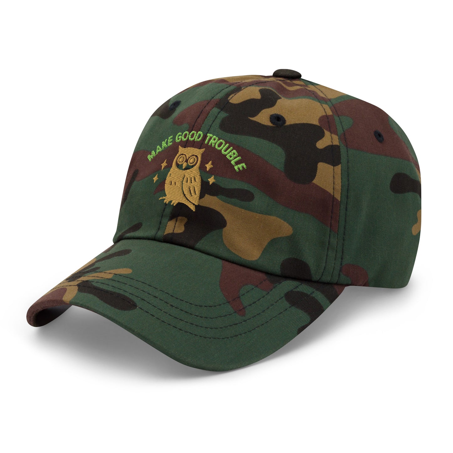 Side Front view of embroidered dad hat with “Make Good Trouble” text and golden owl