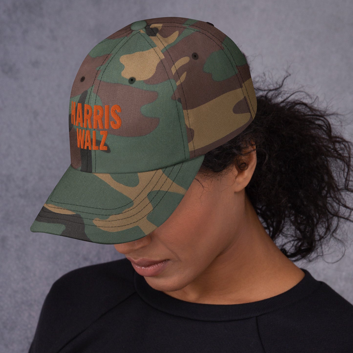 Female Model wearing Harris-Walz 2024 Presidential Campaign Dad Hat
