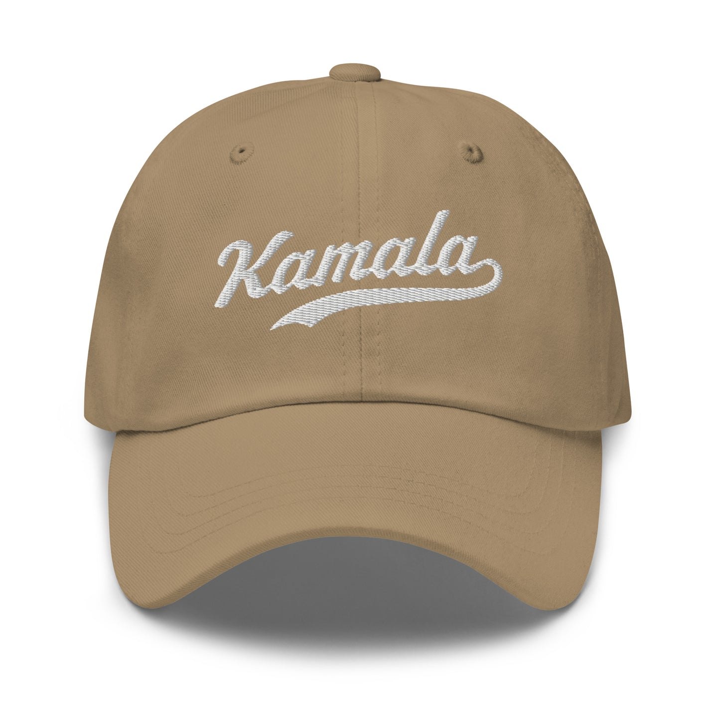 Front view of the Kamala dad hat features Kamala Harris's iconic name in classic embroidered script