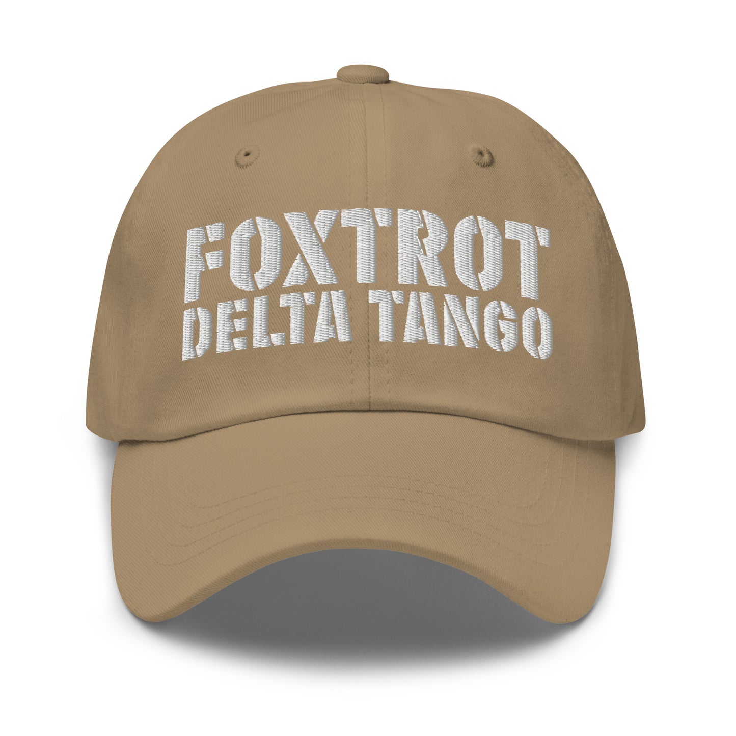 Khaki embroidered dad hat featuring distressed white text reading “FOXTROT DELTA TANGO.”