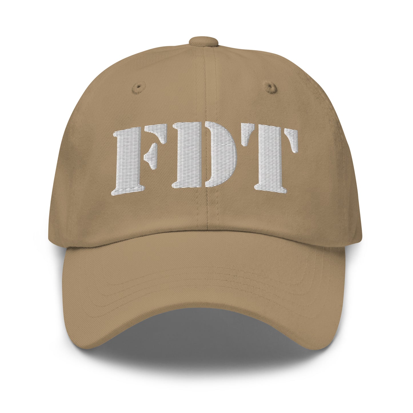 Khaki embroidered dad hat displaying bold white “FDT” lettering stitched across the front.