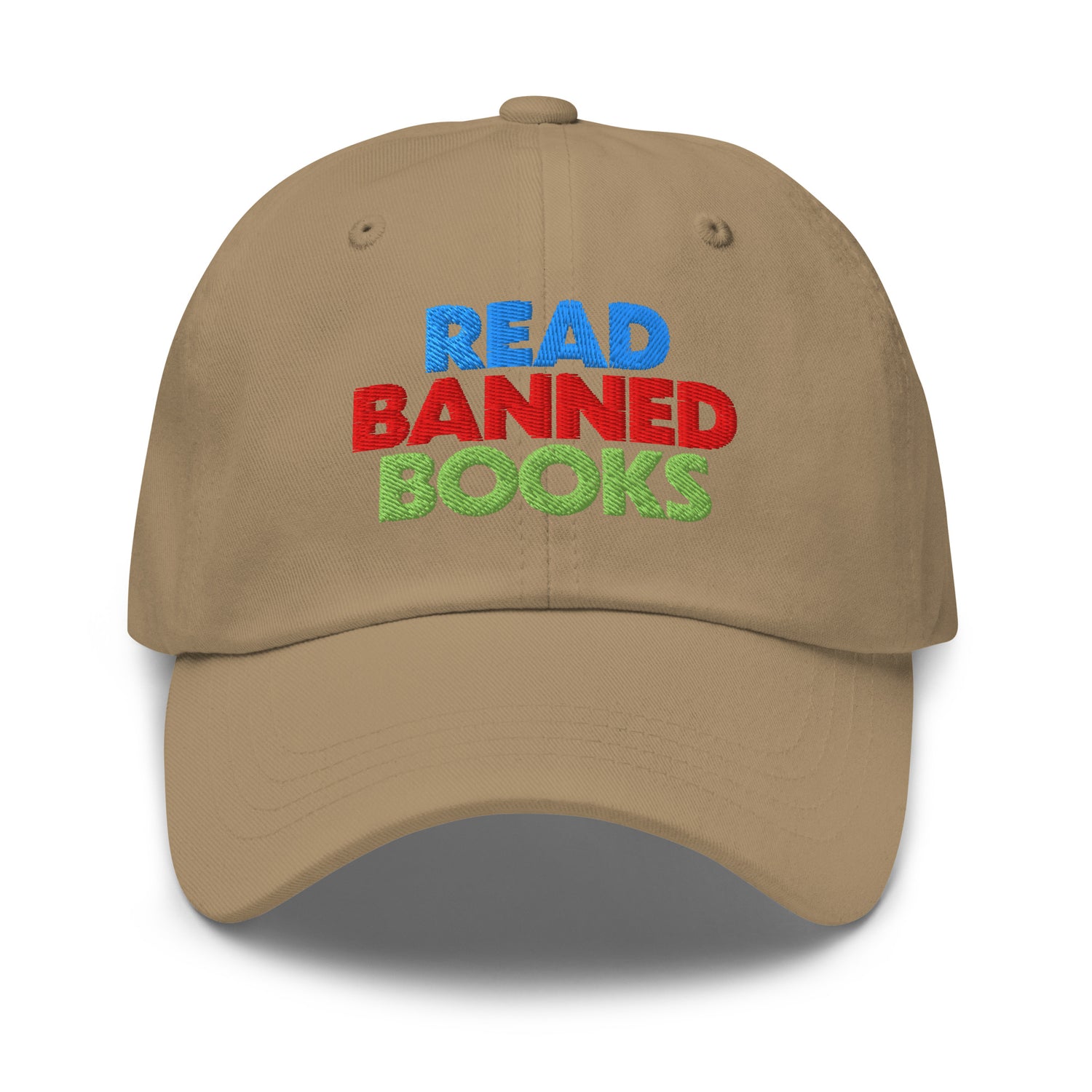 ProductFight Book Bans with Style – Read Banned Books Dad Hat, front view showcasing embroidery. mockup