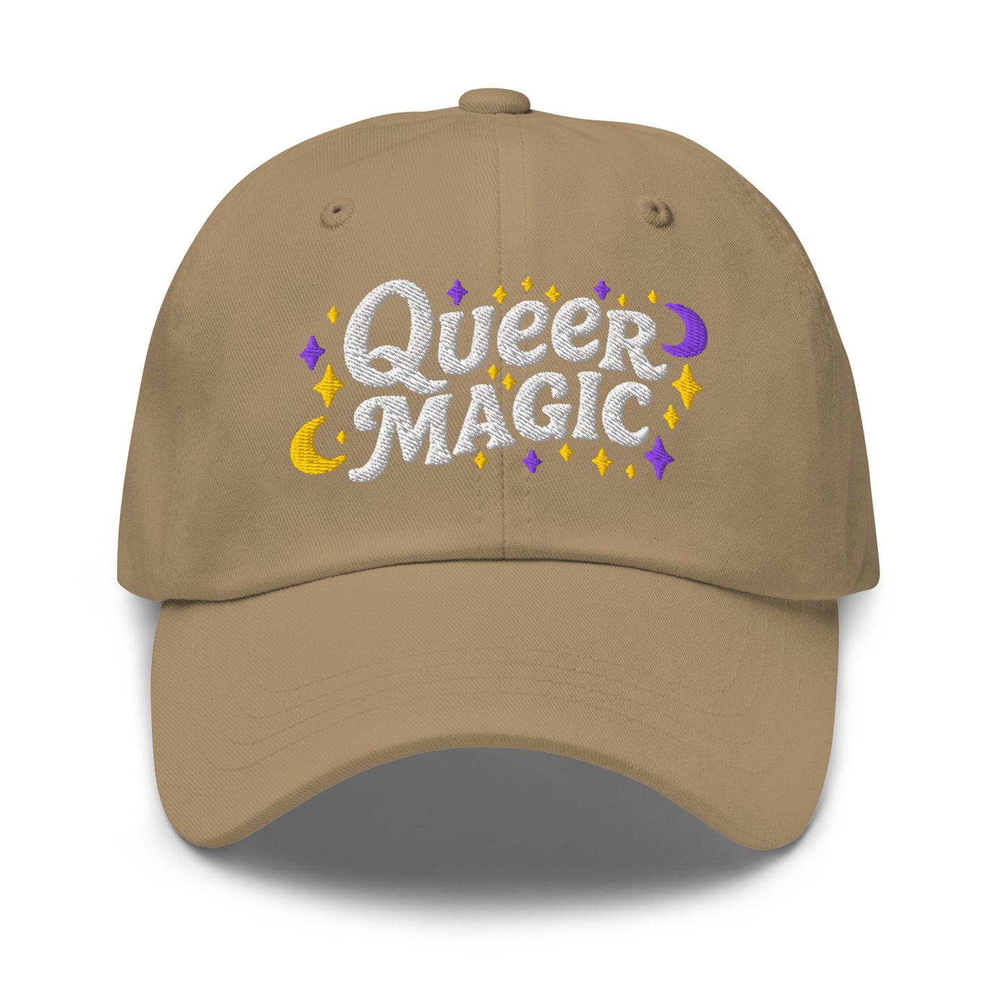 Front View Image: Front view of Queer Magic LGBTQ+ Pride Dad Hat with moon and stars graphic