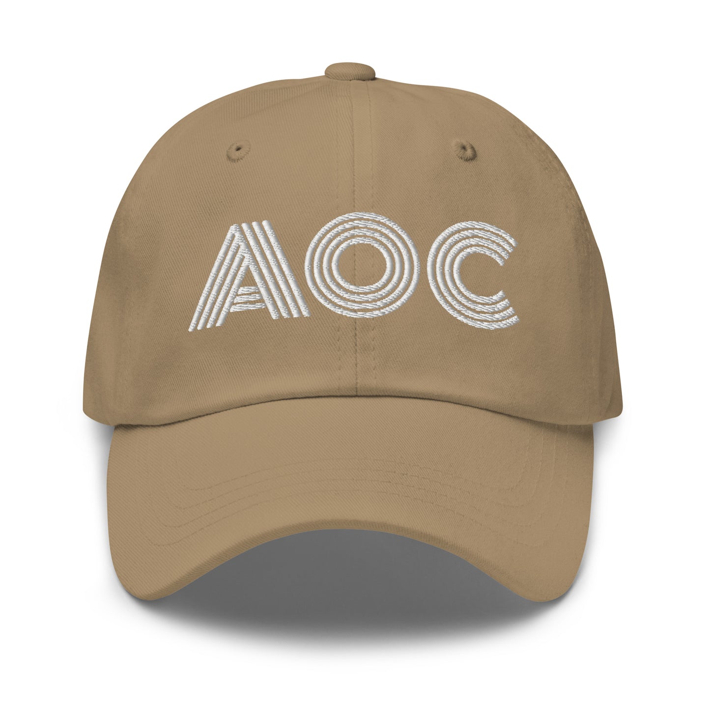 Front View Image: Black dad hat with white embroidered retro “AOC” design