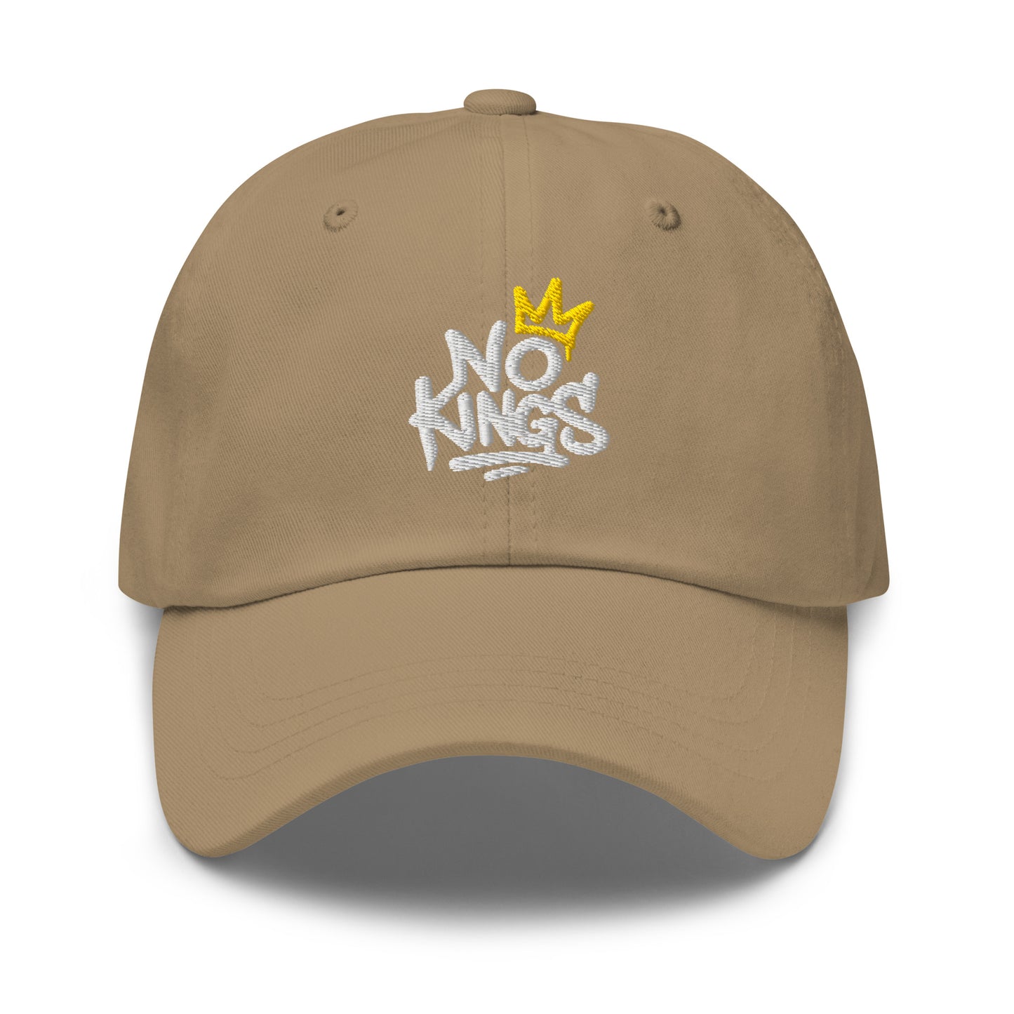 Front View Image: Black dad hat with graffiti-style "No Kings" and yellow crown