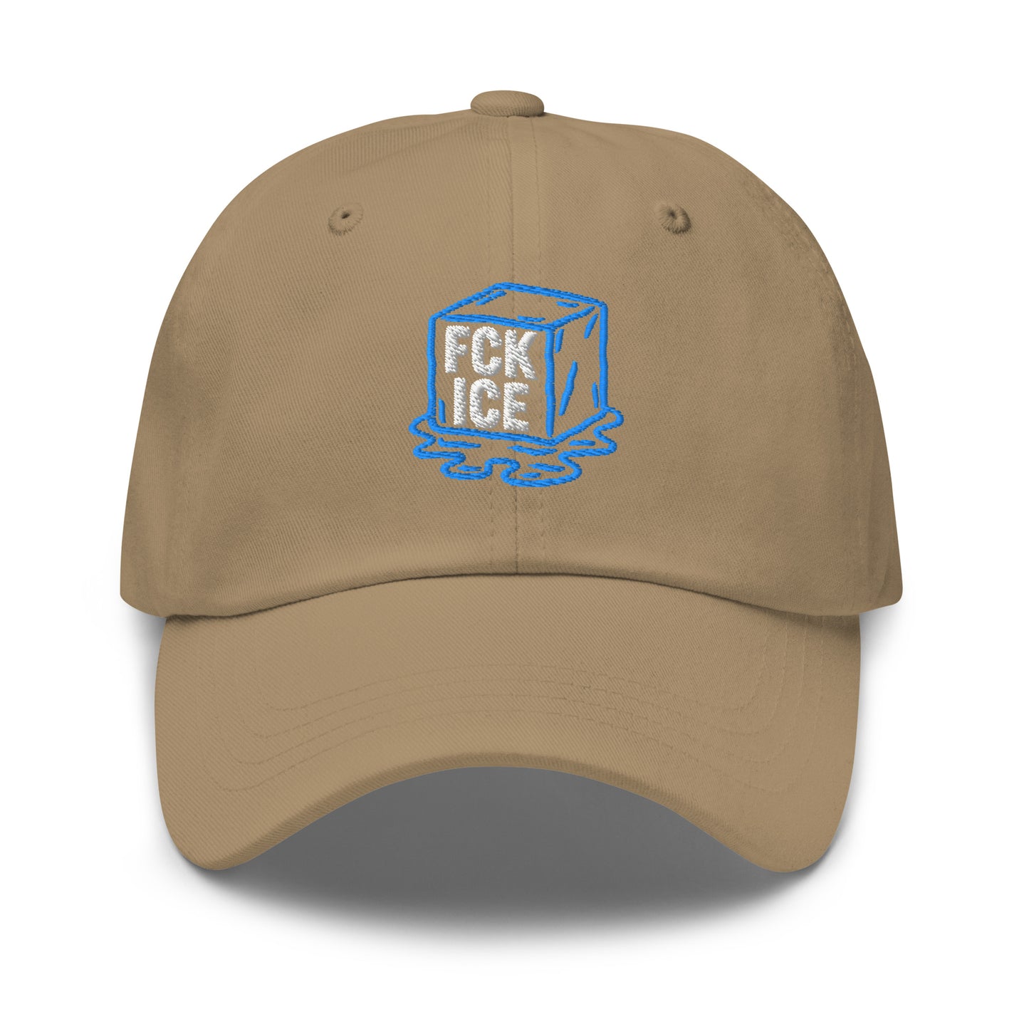 Front View Image: Embroidered dad hat featuring F*CK ICE melting cube graphic