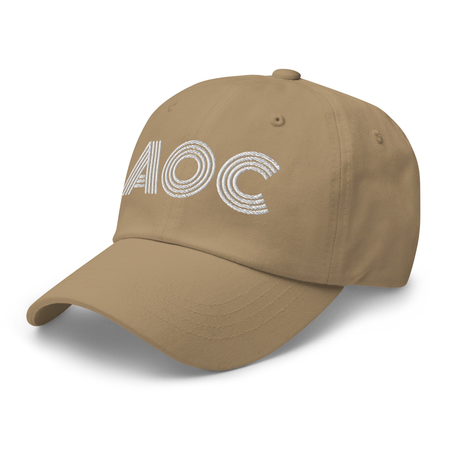 Side Front View Image: Black dad hat with white embroidered retro “AOC” design