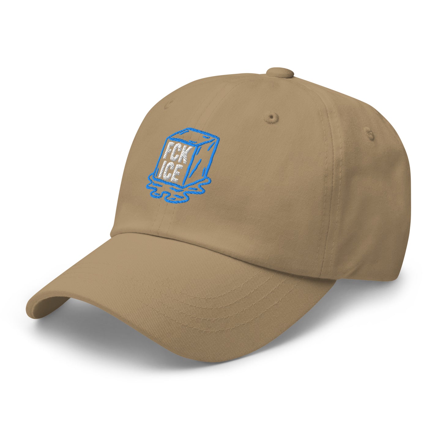 Side Front View Image: Embroidered dad hat featuring F*CK ICE melting cube graphic