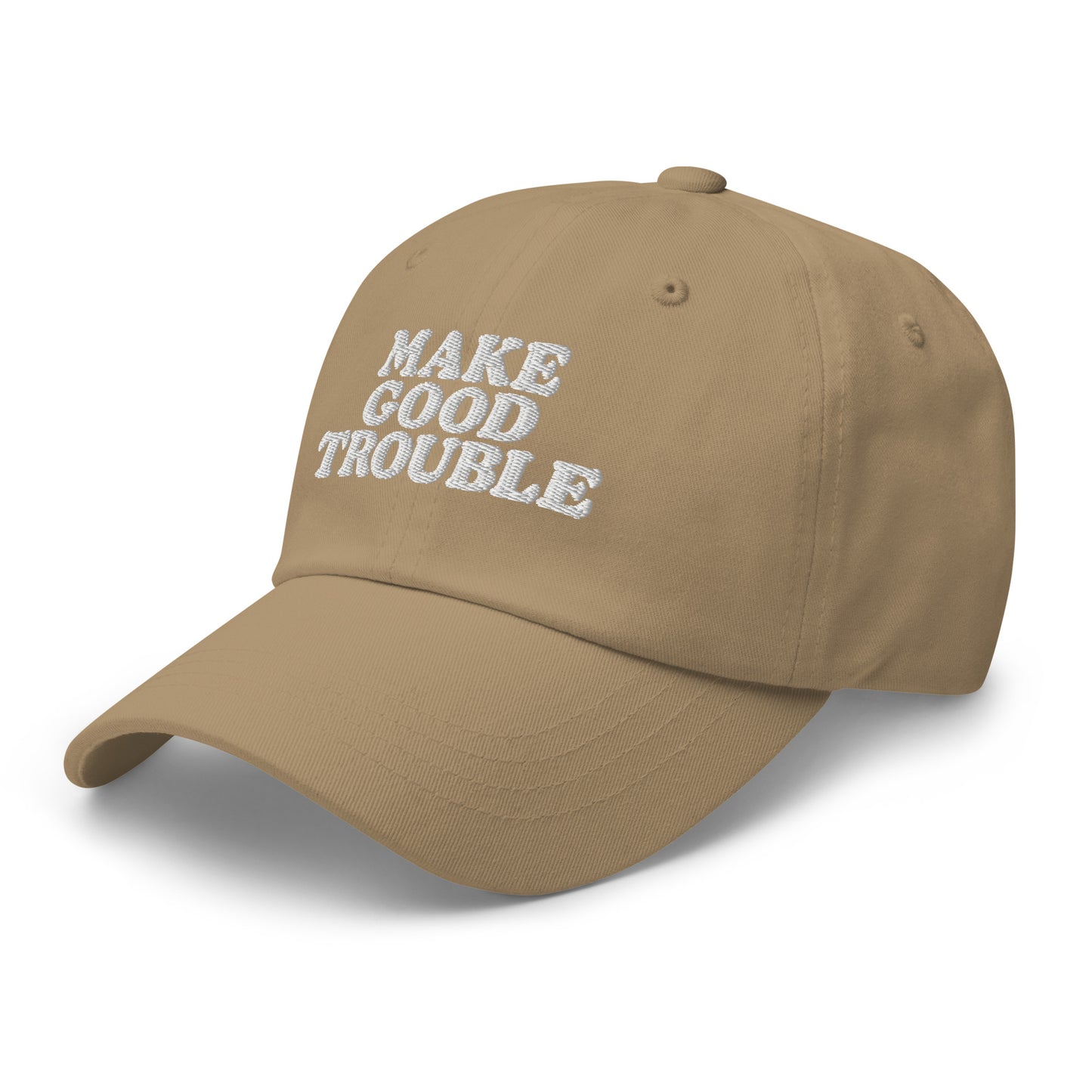 Side Front view of the John Lewis "Make Good Trouble" Quote Social Justice Dad Hat