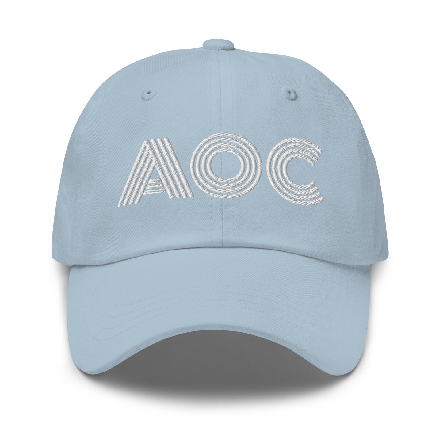 Front View Image: Black dad hat with white embroidered retro “AOC” design