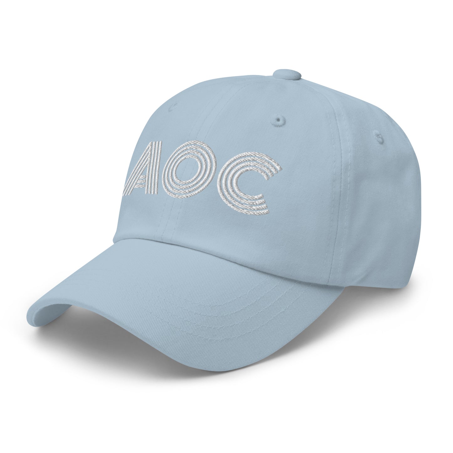 Side Front View Image: Black dad hat with white embroidered retro “AOC” design