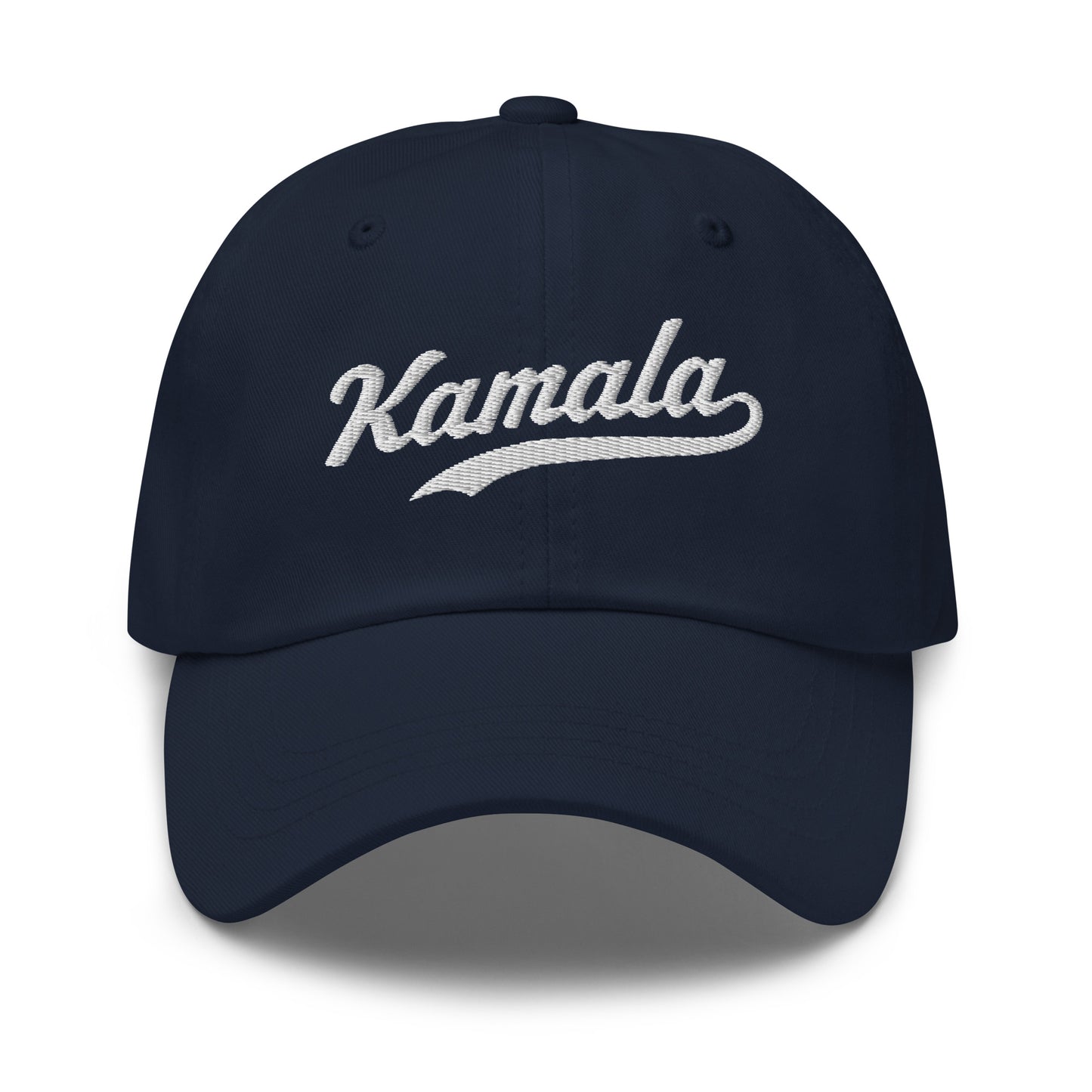Front view of the Kamala dad hat features Kamala Harris's iconic name in classic embroidered script