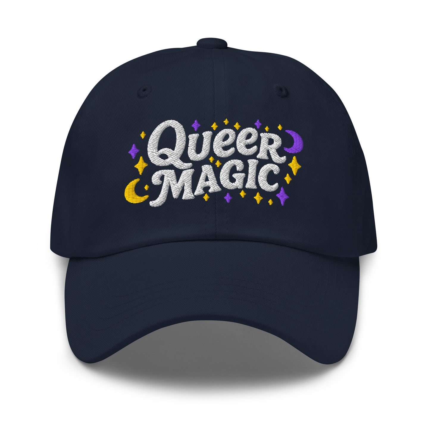 Front View Image: Front view of Queer Magic LGBTQ+ Pride Dad Hat with moon and stars graphic